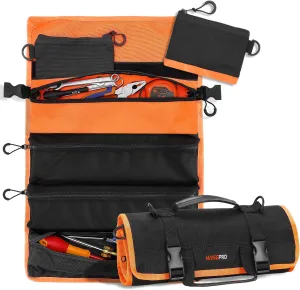 Heavy Duty Tool Roll Bag with 6 Zipper Closure Pouches, 3 Detachable Bags, Compact Design, 14'W22'L, 1680D Polyester, Tool Organizer
