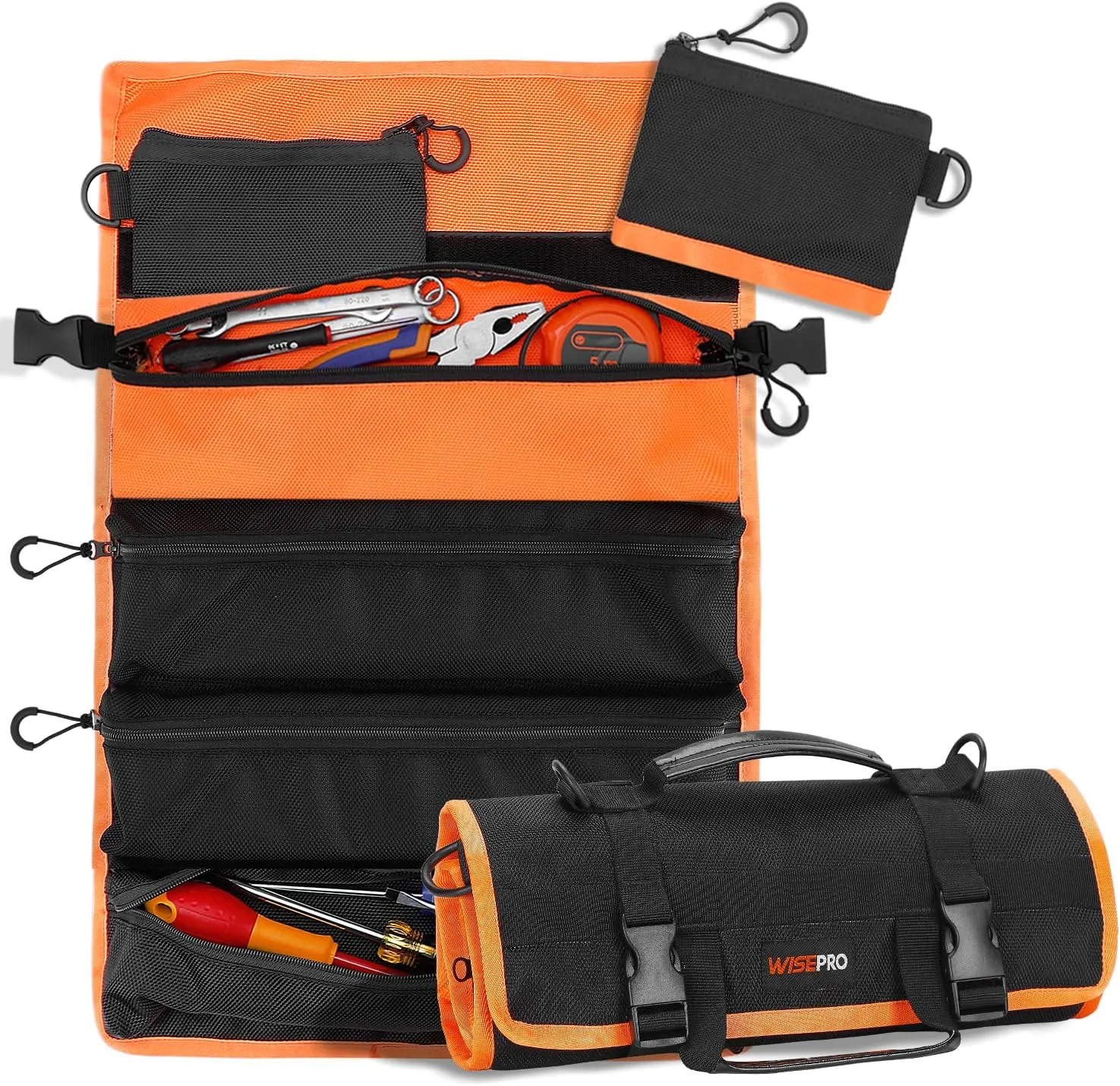 Heavy Duty Tool Roll Bag with 6 Zipper Closure Pouches, 3 Detachable Bags, Compact Design, 14'W22'L, 1680D Polyester, Tool Organizer