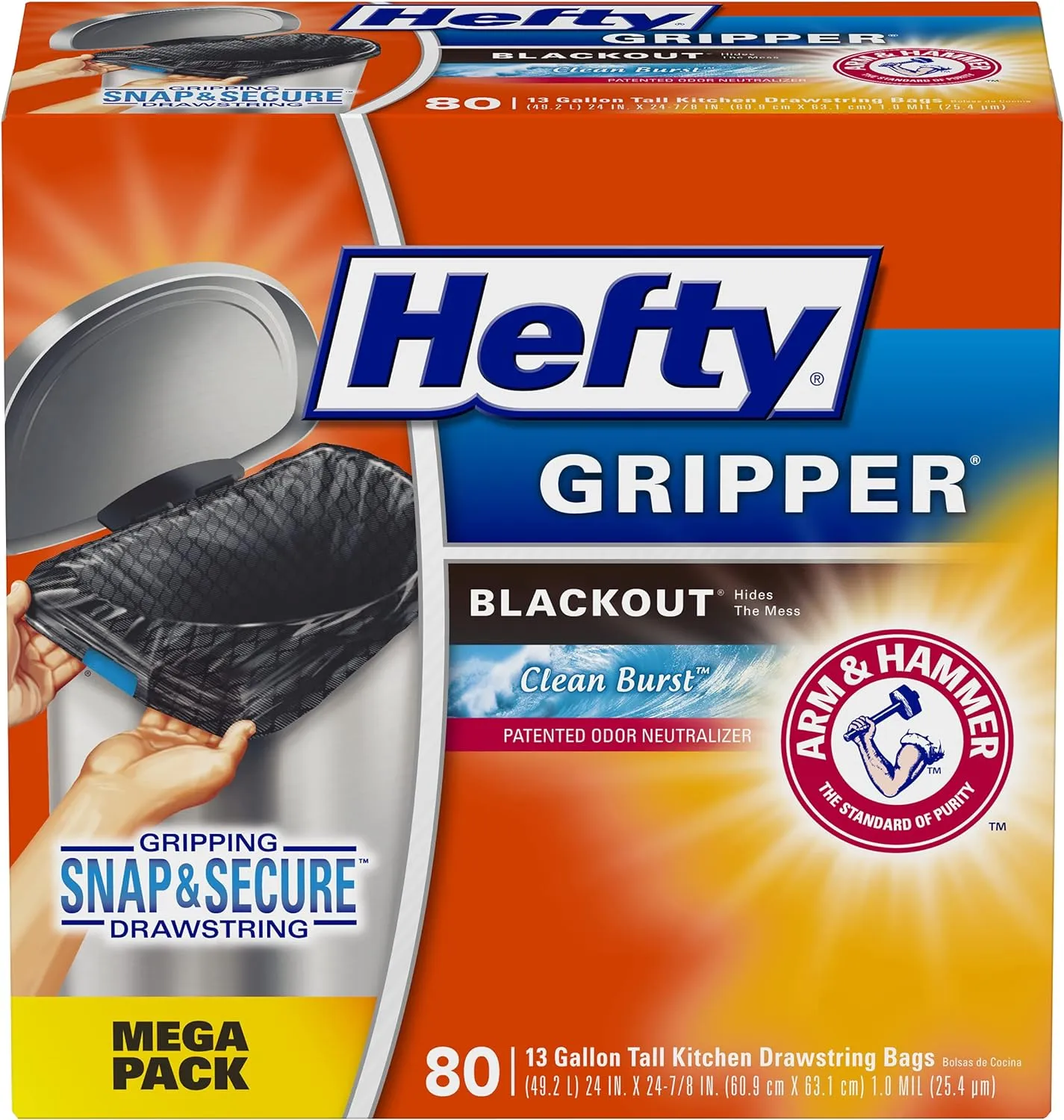 Hefty Ultra Strong Tall Kitchen Trash Bags, Clean Burst Scent, 13 Gallon, 80 Count