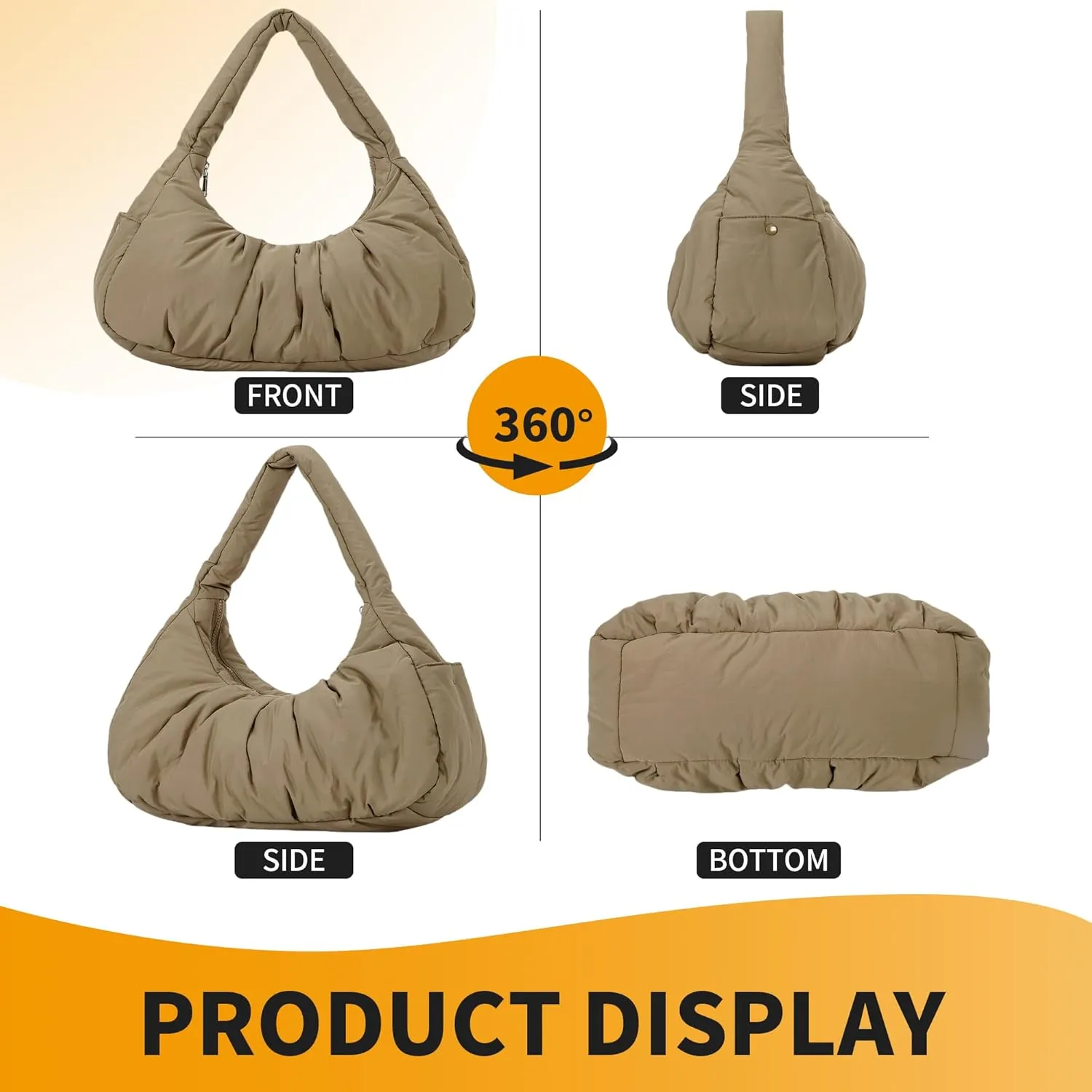 Herald Ruched Puffer Shoulder Bag for Women, Nylon Lightweight Puffy Cloud Crescent Carryall Hobo Handbag Soft Purse