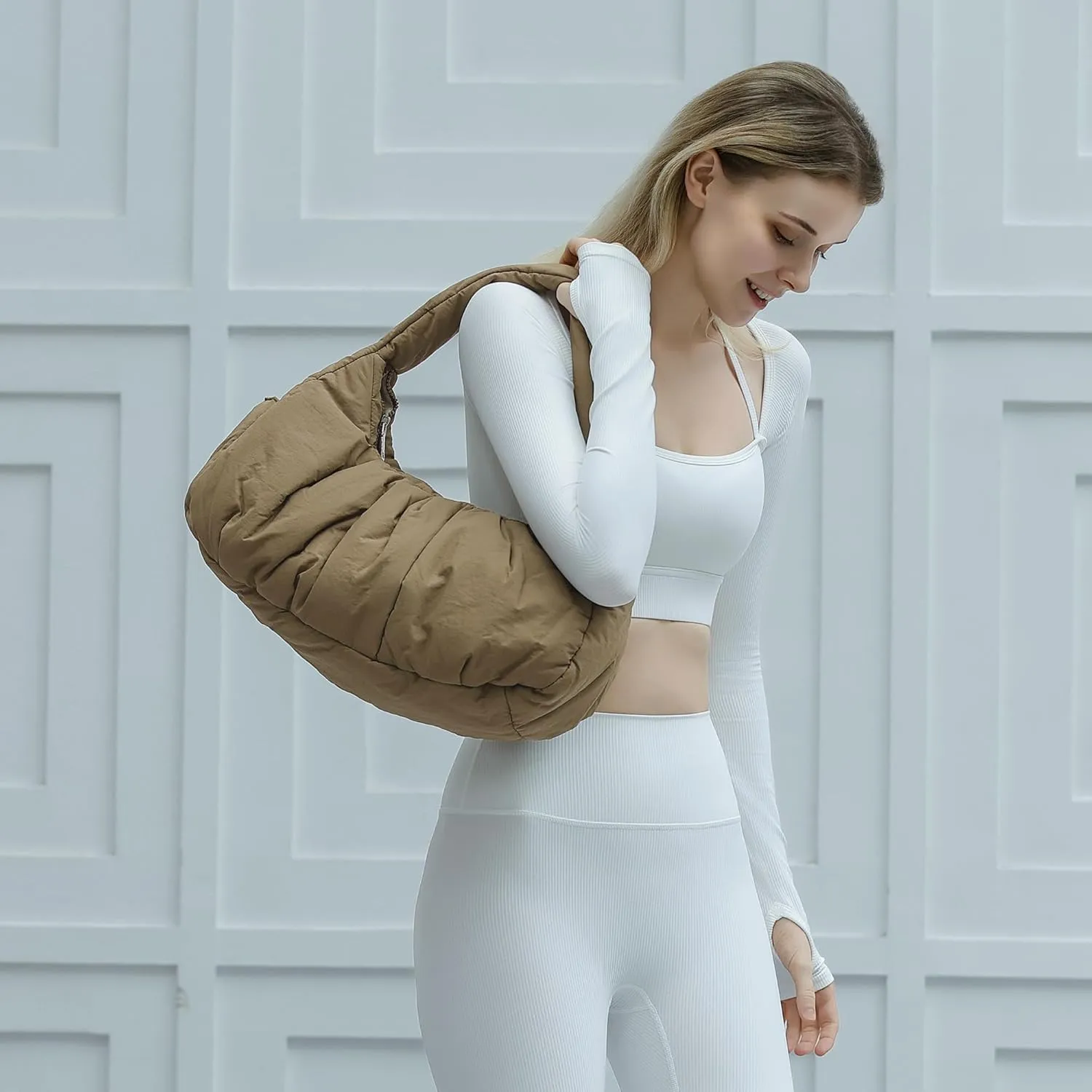 Herald Ruched Puffer Shoulder Bag for Women, Nylon Lightweight Puffy Cloud Crescent Carryall Hobo Handbag Soft Purse