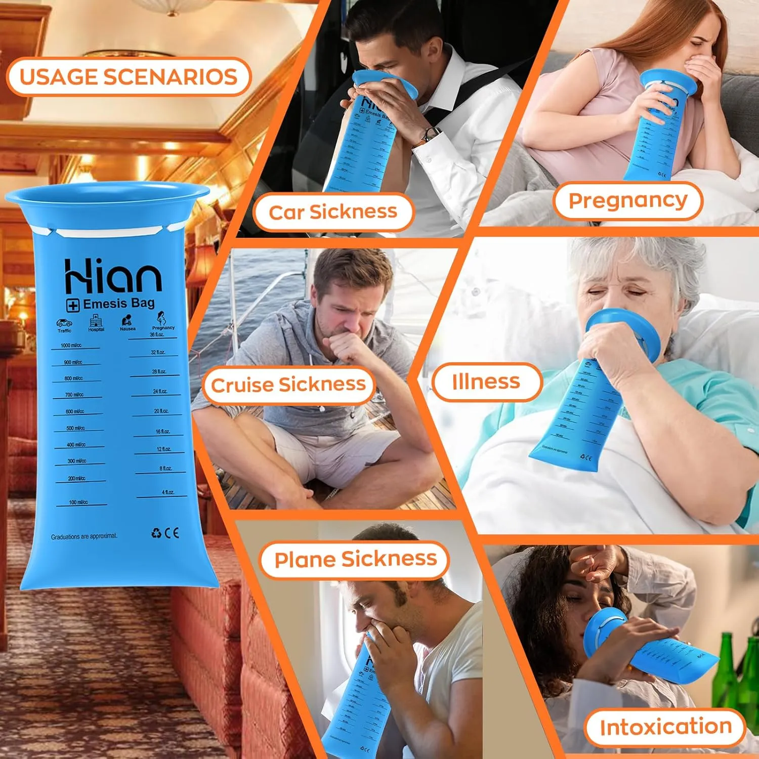 Hion Vomit Bags Disposable – 52 Pack 1000ml Emesis Bags – Leak Resistant, Medical Grade, Portable – Perfect for Motion, Car & Aircraft Sickness, Pregnant Women