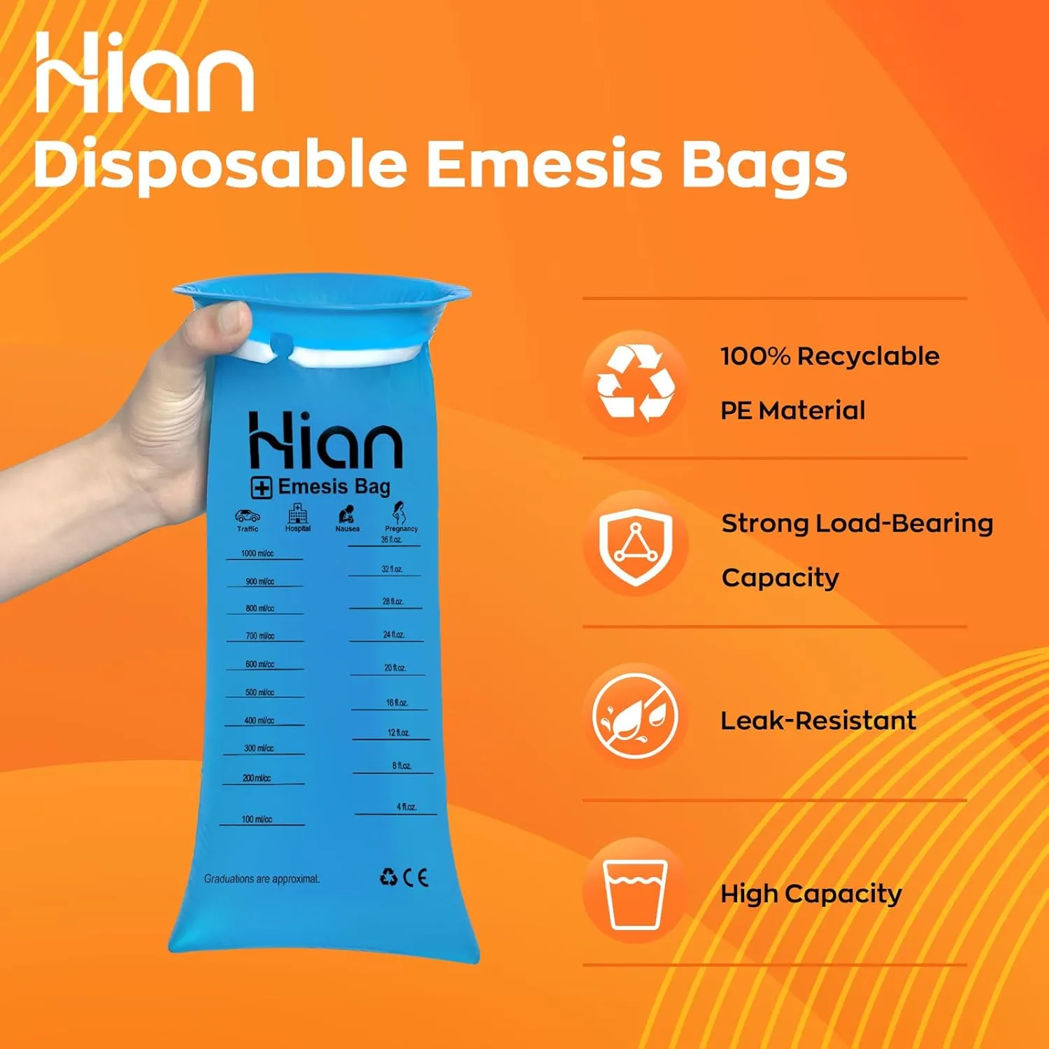 Hion Vomit Bags Disposable – 52 Pack 1000ml Emesis Bags – Leak Resistant, Medical Grade, Portable – Perfect for Motion, Car & Aircraft Sickness, Pregnant Women