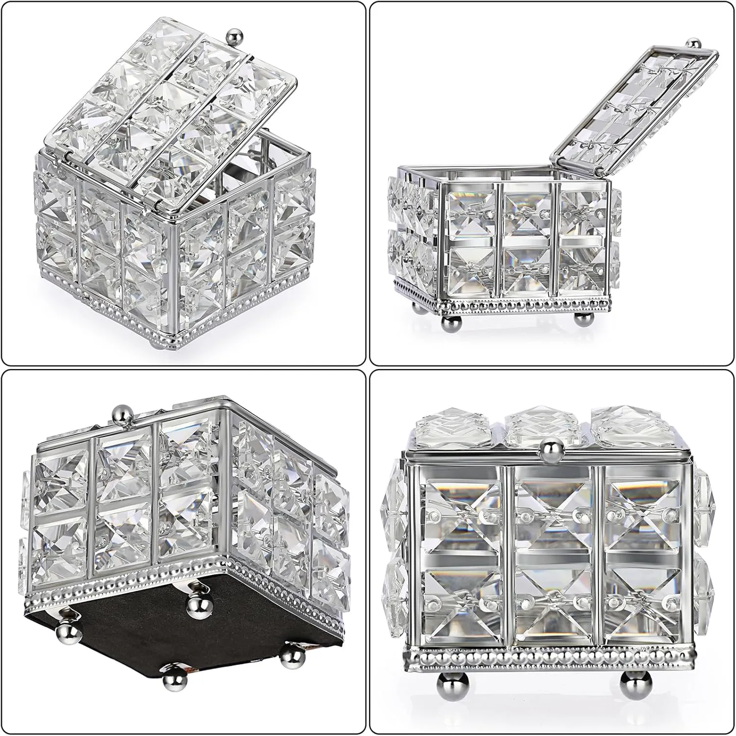 Hipiwe Crystal Jewelry Box - Square Decorative Trinket Organizer Box Sparkling Mirrored Jewelry Chest for Rings Earrings Keepsakes Birthday Christmas Gift for Girls Women,Silver