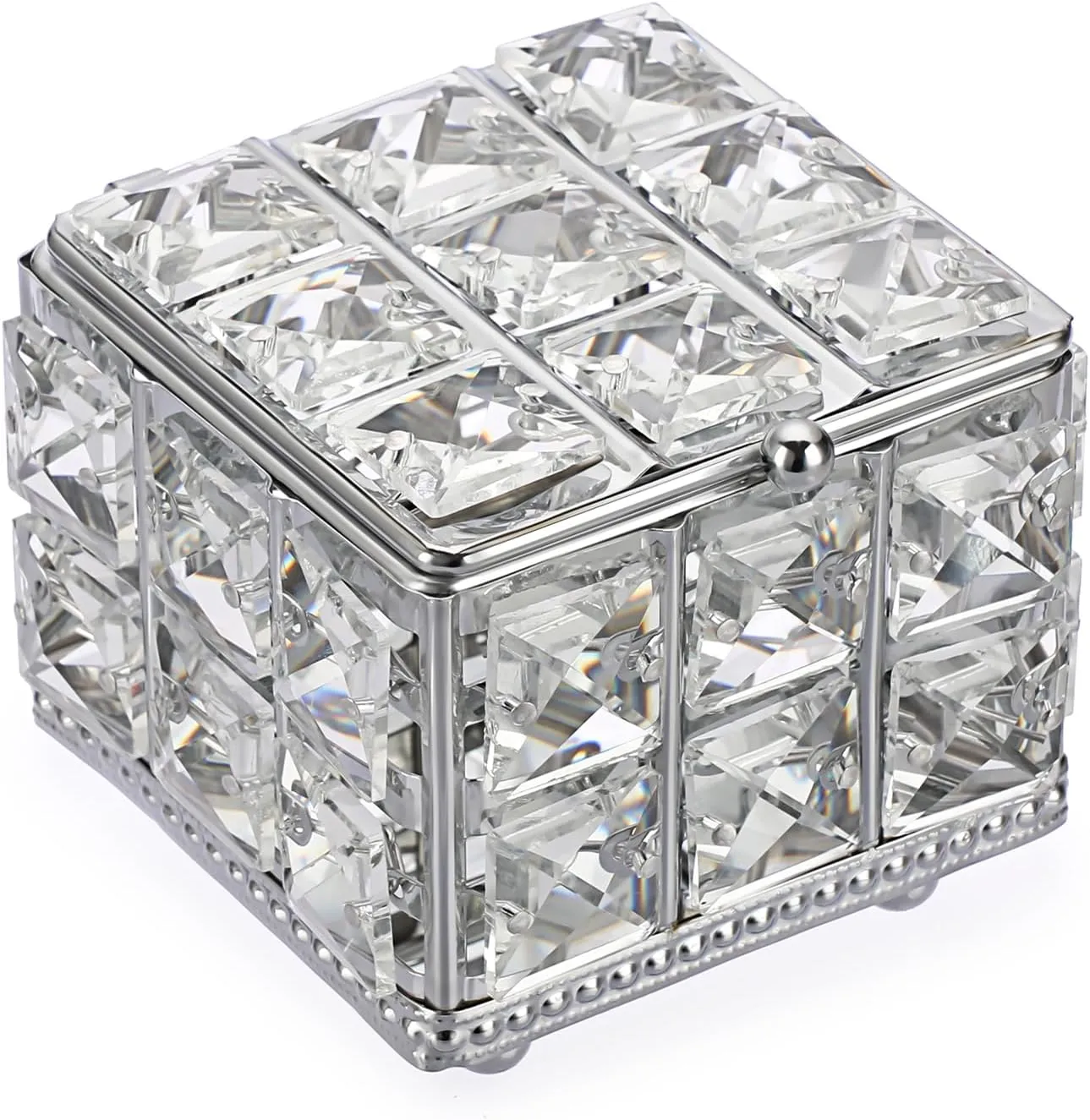 Hipiwe Crystal Jewelry Box - Square Decorative Trinket Organizer Box Sparkling Mirrored Jewelry Chest for Rings Earrings Keepsakes Birthday Christmas Gift for Girls Women,Silver