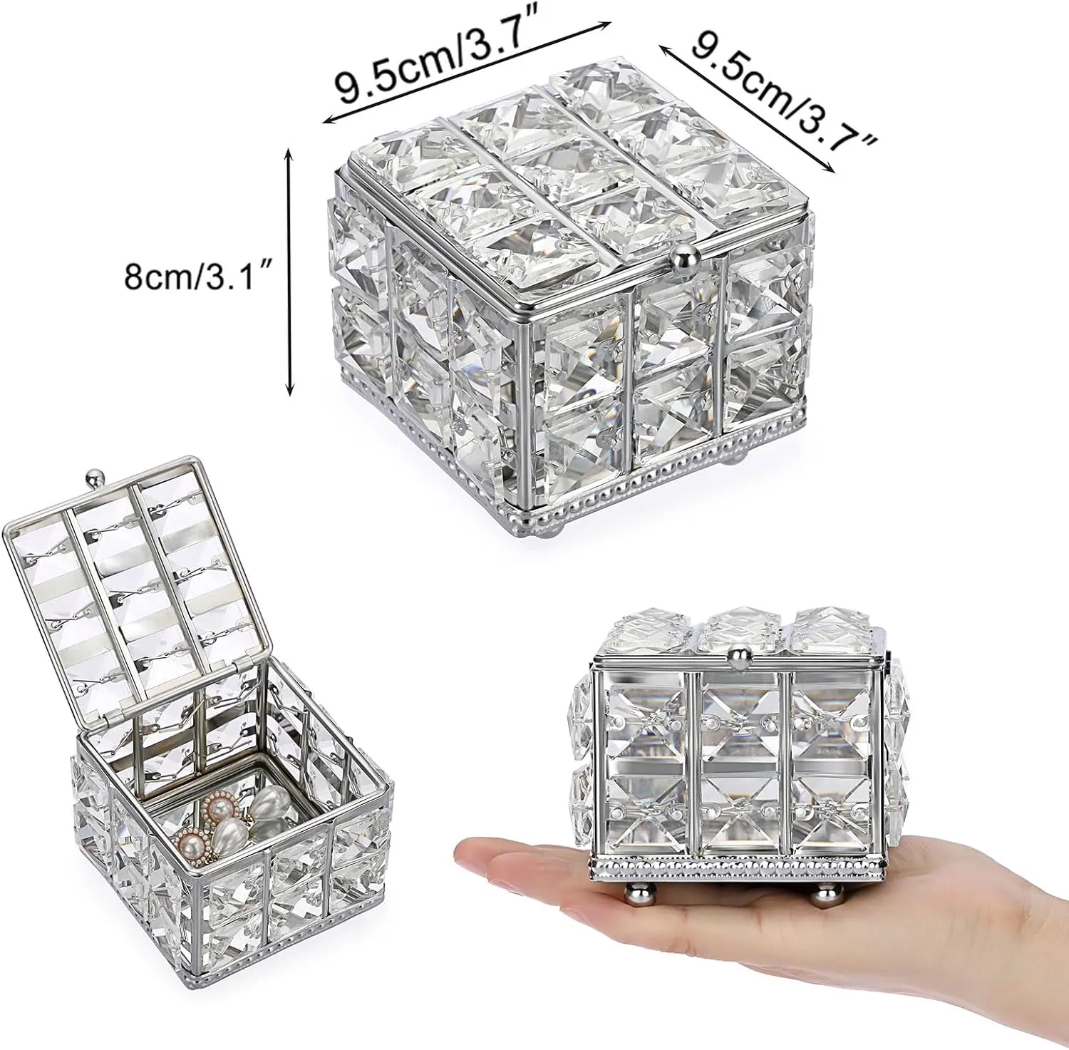 Hipiwe Crystal Jewelry Box - Square Decorative Trinket Organizer Box Sparkling Mirrored Jewelry Chest for Rings Earrings Keepsakes Birthday Christmas Gift for Girls Women,Silver