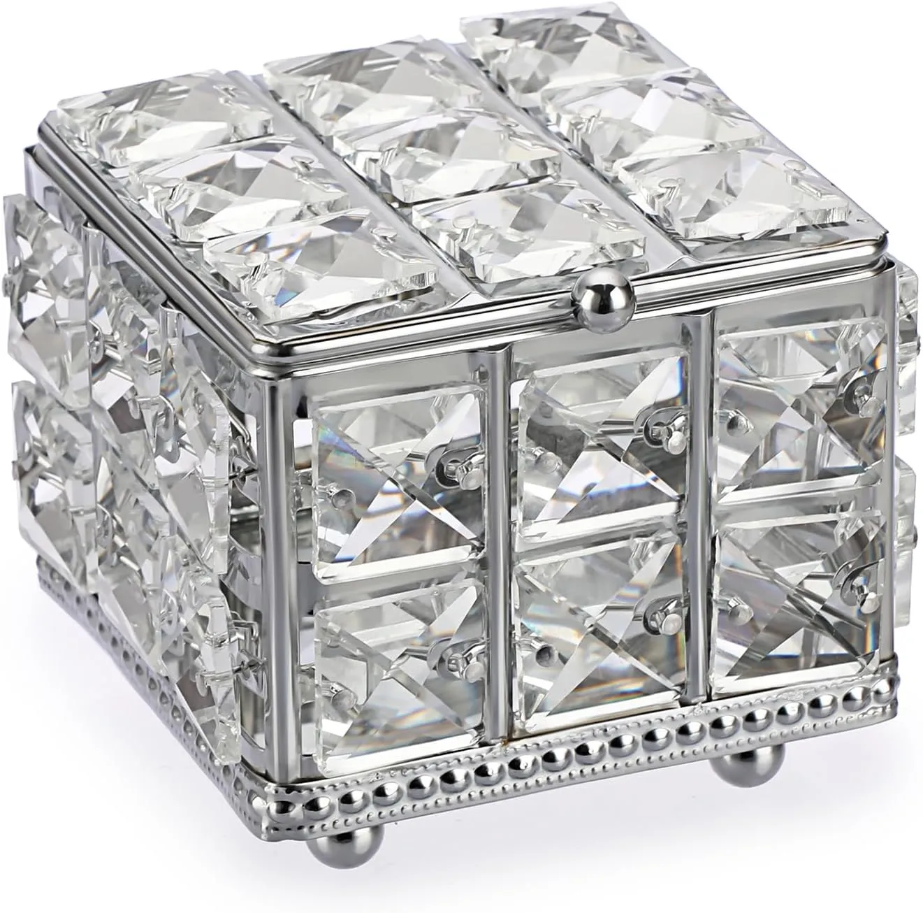Hipiwe Crystal Jewelry Box - Square Decorative Trinket Organizer Box Sparkling Mirrored Jewelry Chest for Rings Earrings Keepsakes Birthday Christmas Gift for Girls Women,Silver