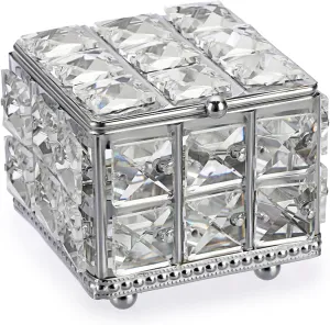 Hipiwe Crystal Jewelry Box - Square Decorative Trinket Organizer Box Sparkling Mirrored Jewelry Chest for Rings Earrings Keepsakes Birthday Christmas Gift for Girls Women,Silver