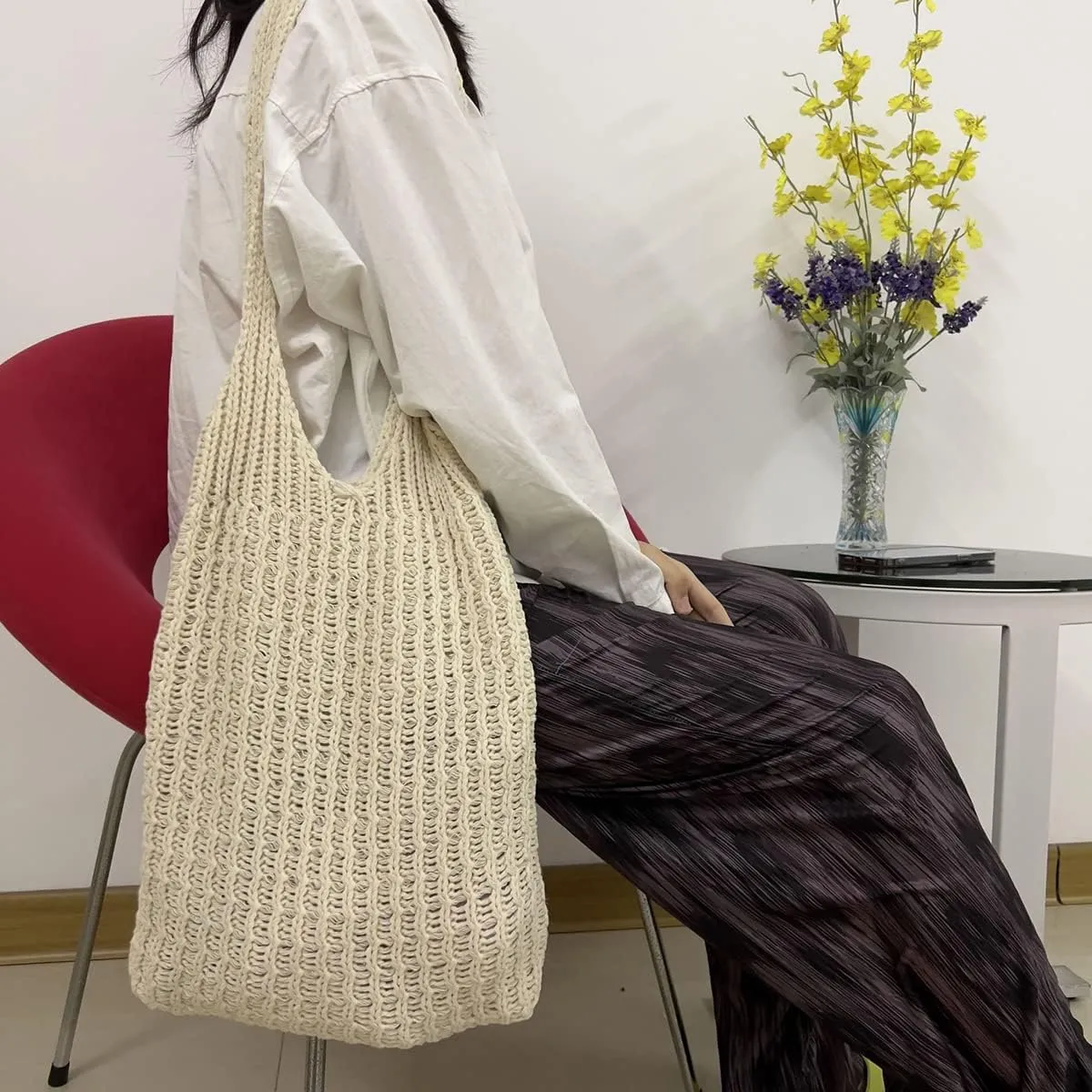 Hobo Tote Bag for Women - Contrast Color, Large Capacity, Knitted, Trendy