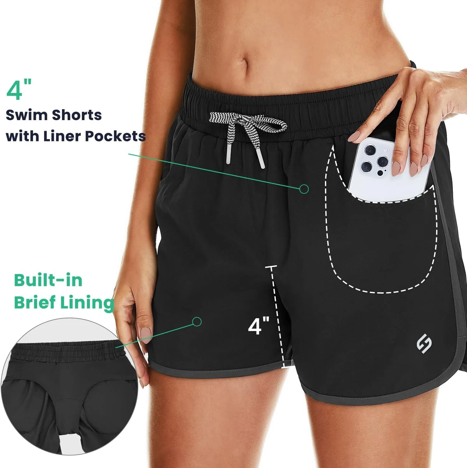 HODOSPORTS Women's 4" Swim Shorts Quick Dry Board Shorts Swimsuit Bottom with Pockets