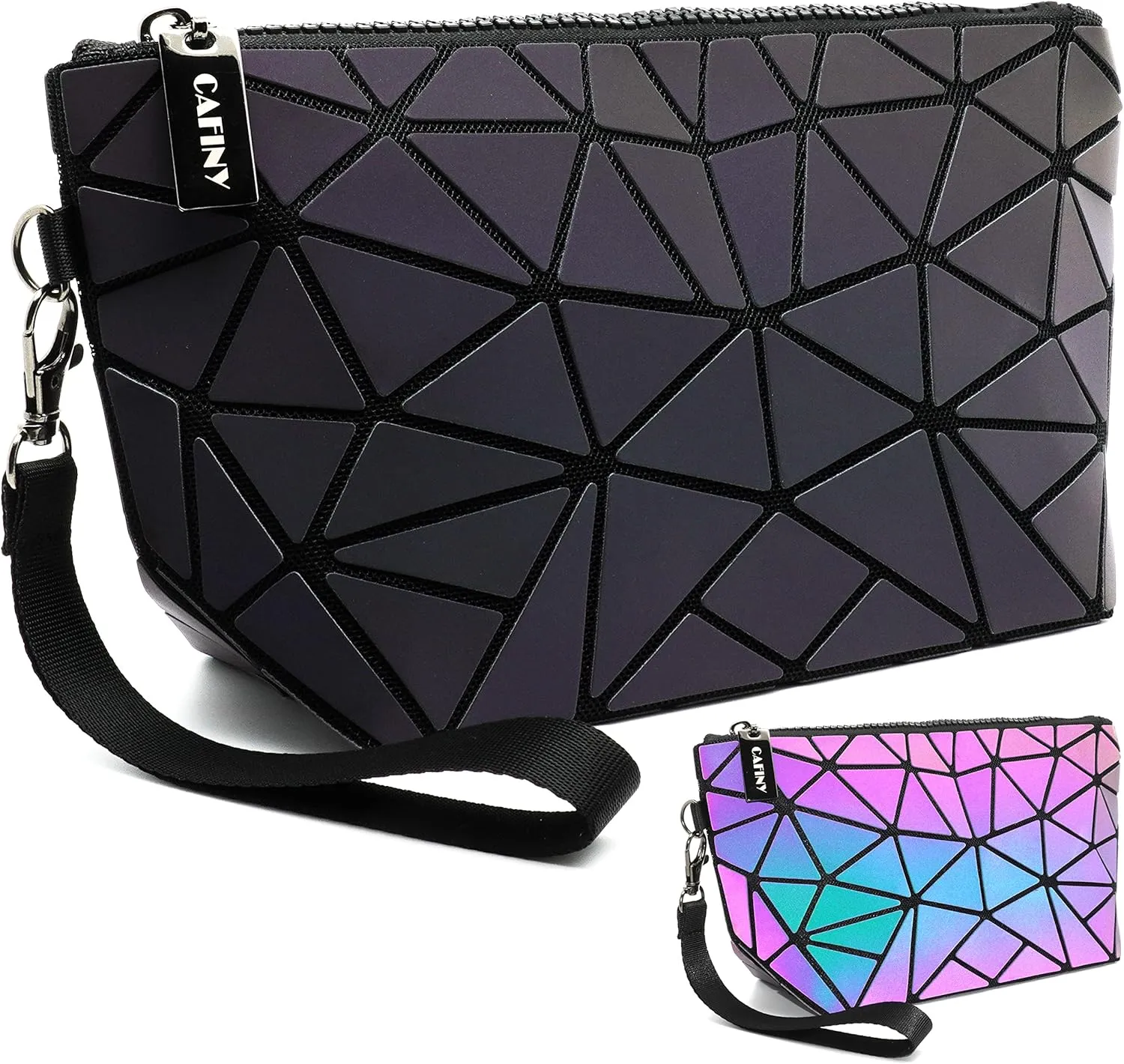 Holographic Makeup Bag Small Clutch Purses for Women Daily Use pouch bags Geometric Luminous Purse and Holographic Bags Small Wrist Purses and Cosmetic Pouch