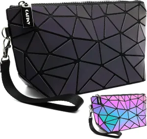 Holographic Makeup Bag Small Clutch Purses for Women Daily Use pouch bags Geometric Luminous Purse and Holographic Bags Small Wrist Purses and Cosmetic Pouch