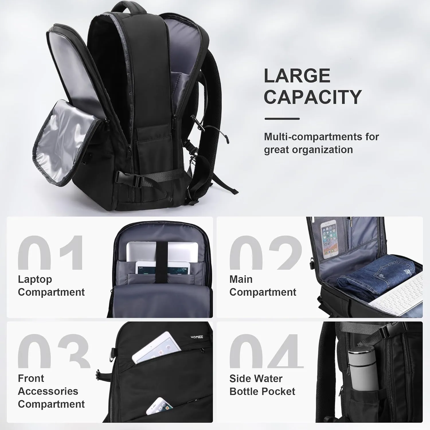 HOMIEE 50L Travel Backpack Large Suitcase Water Resistant Luggage Daypack Carry on Backpack for Men Women Fits 17.3 Inch Laptop, Black
