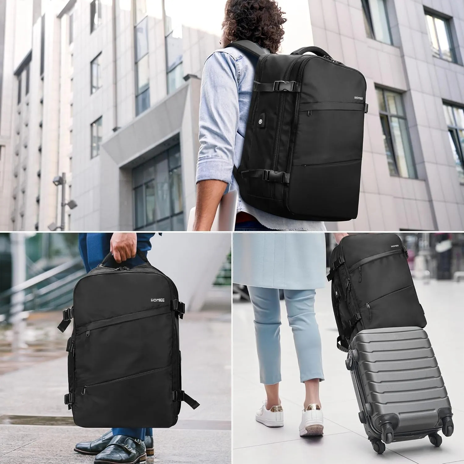 HOMIEE 50L Travel Backpack Large Suitcase Water Resistant Luggage Daypack Carry on Backpack for Men Women Fits 17.3 Inch Laptop, Black