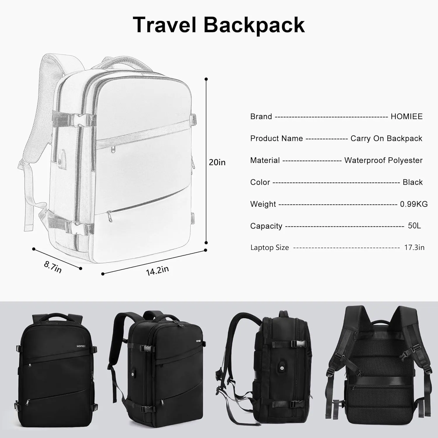 HOMIEE 50L Travel Backpack Large Suitcase Water Resistant Luggage Daypack Carry on Backpack for Men Women Fits 17.3 Inch Laptop, Black
