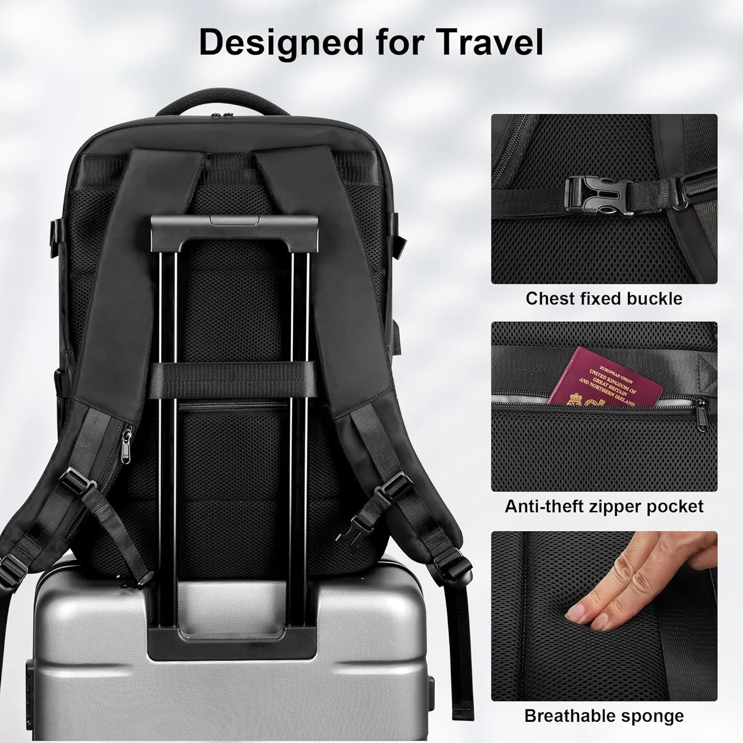 HOMIEE 50L Travel Backpack Large Suitcase Water Resistant Luggage Daypack Carry on Backpack for Men Women Fits 17.3 Inch Laptop, Black