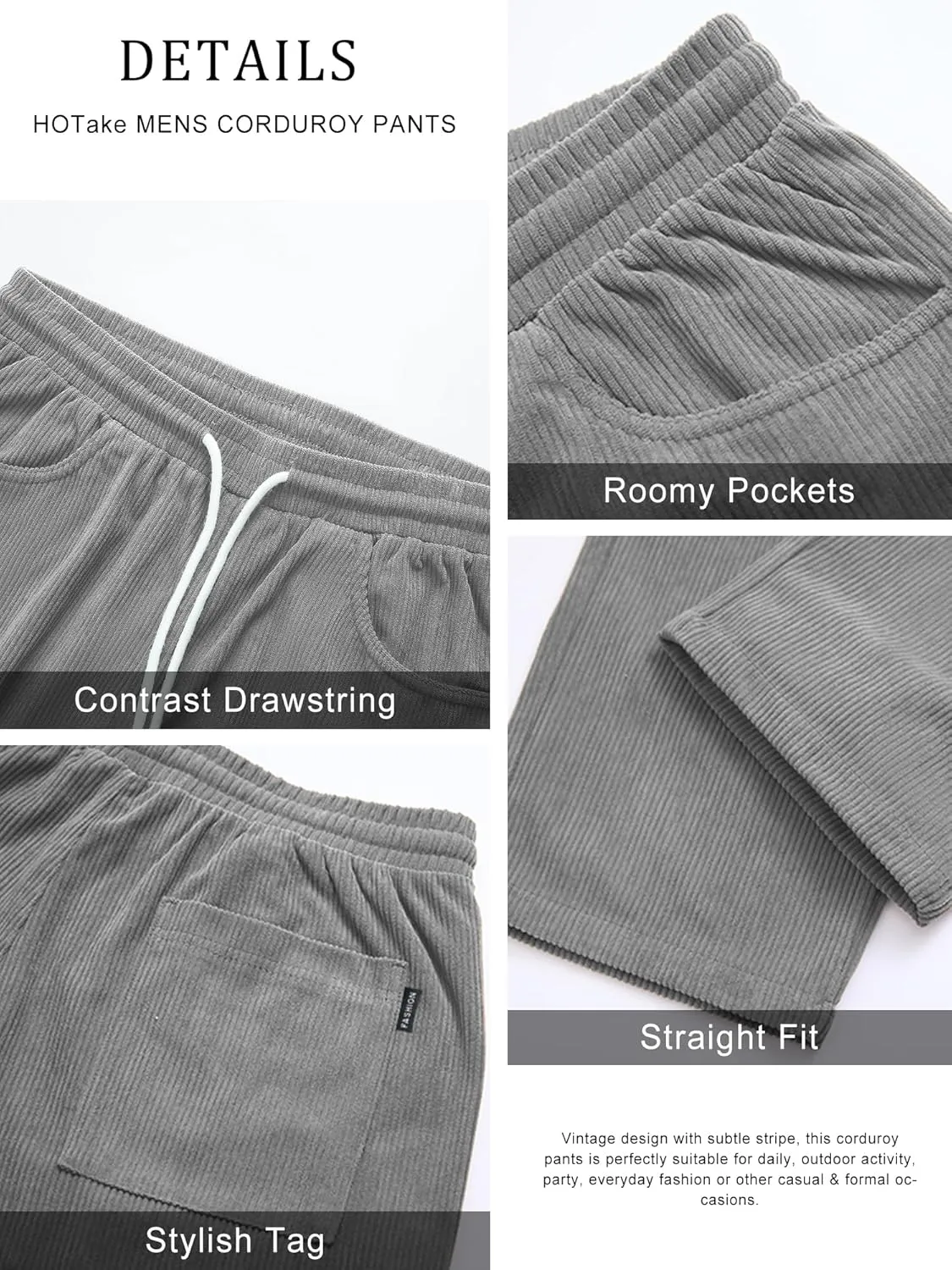 HOTake Men's Casual Corduroy Pants Elastic Waist Drawstring Baggy Sweatpants Loose Fit