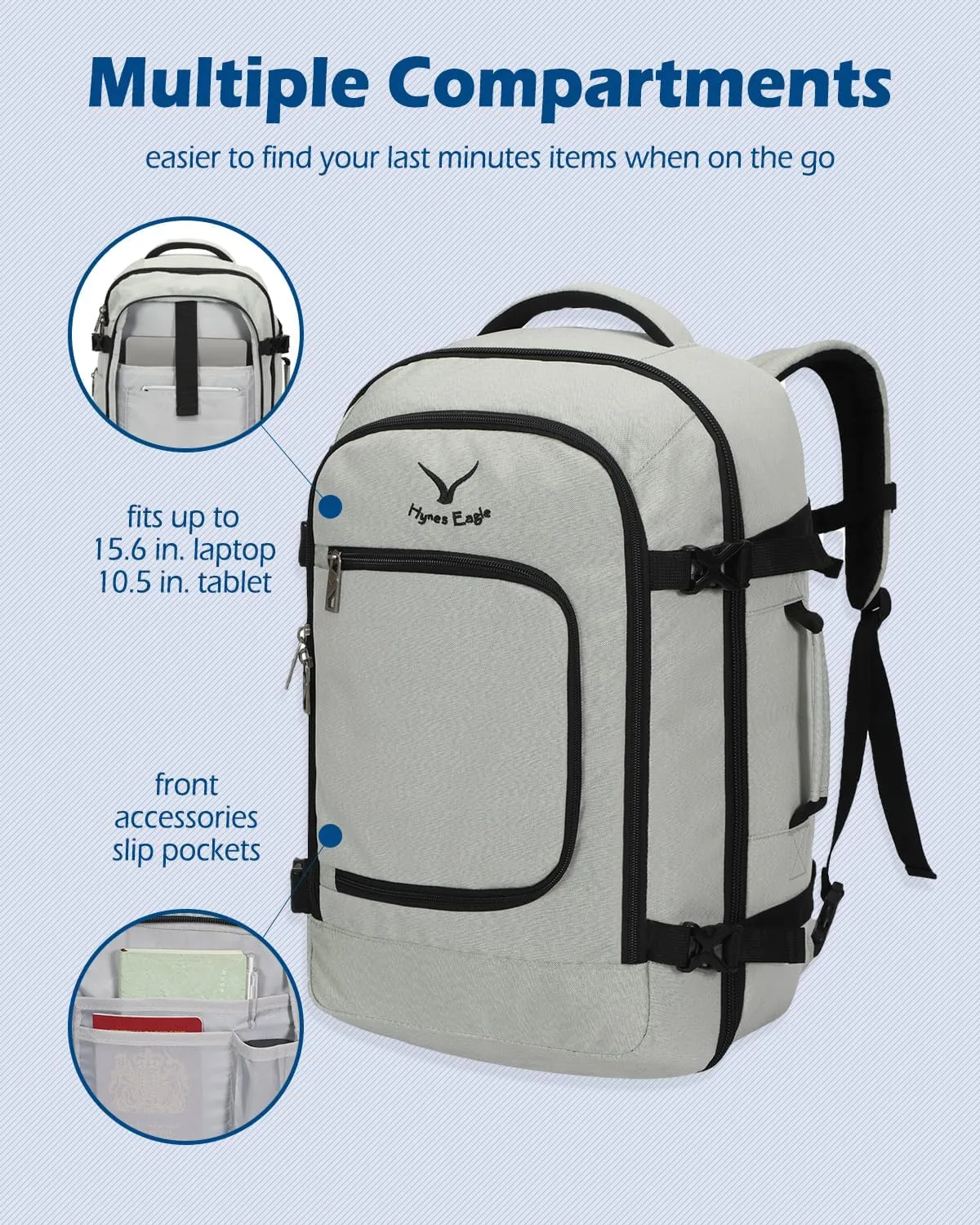 Hynes Eagle Travel Backpack 40L Flight Approved Carry on Backpack Men Large Cabin Weekender Laptop Backpack Women 15.6 inches