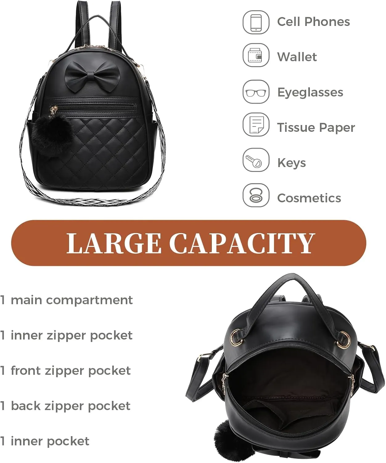 I IHAYNER Cute Little Backpack Purse with Bow Mini Backpack for Girls Teen Vegan Leather Pom Backpack Shoulder Bag for Women Black