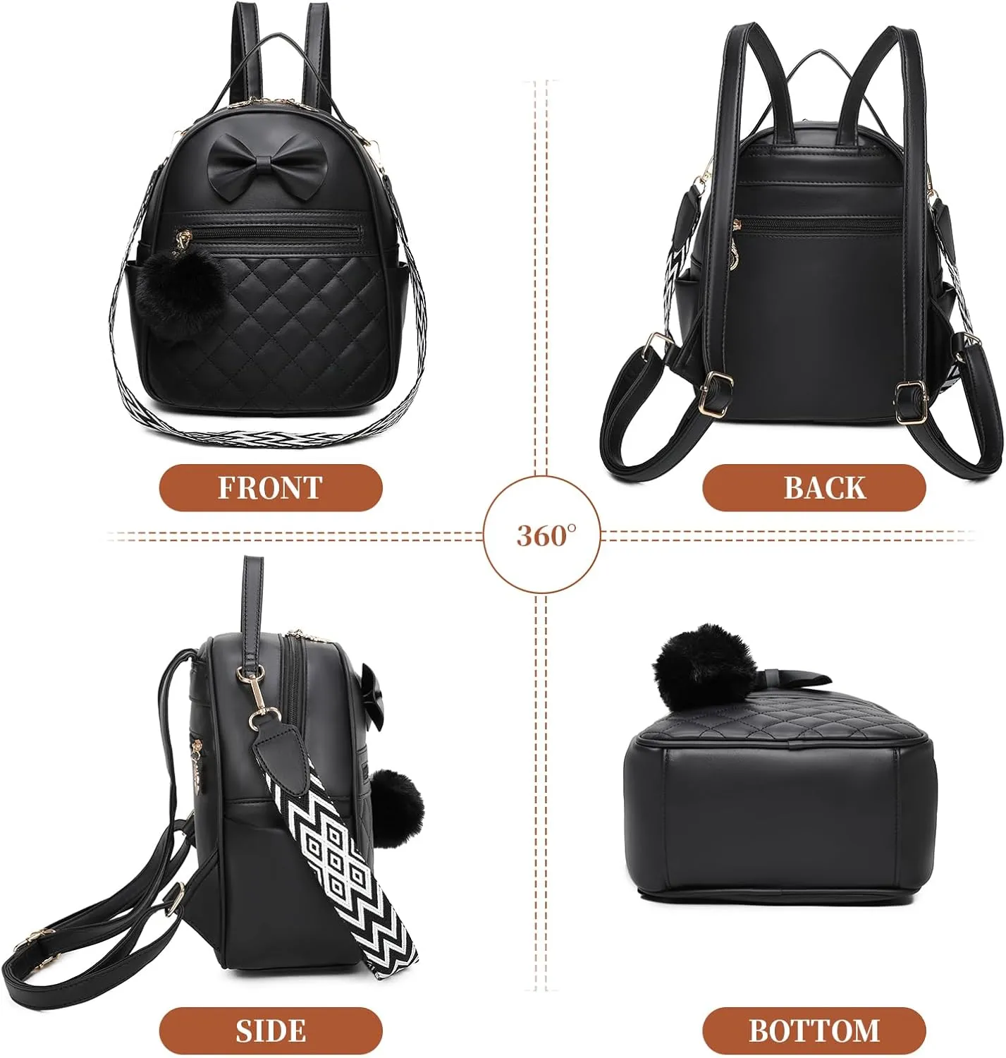 I IHAYNER Cute Little Backpack Purse with Bow Mini Backpack for Girls Teen Vegan Leather Pom Backpack Shoulder Bag for Women Black