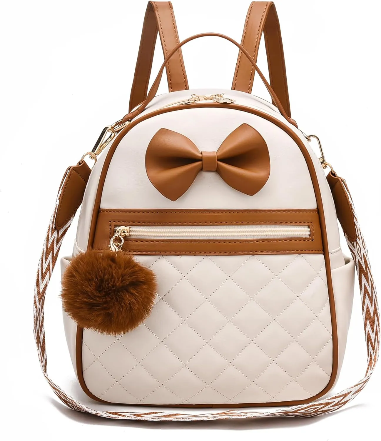 I IHAYNER Cute Little Backpack Purse with Bow Mini Backpack for Girls Teen Vegan Leather Pom Backpack Shoulder Bag for Women Brown