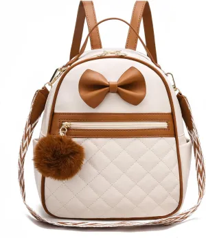 I IHAYNER Cute Little Backpack Purse with Bow Mini Backpack for Girls Teen Vegan Leather Pom Backpack Shoulder Bag for Women Brown