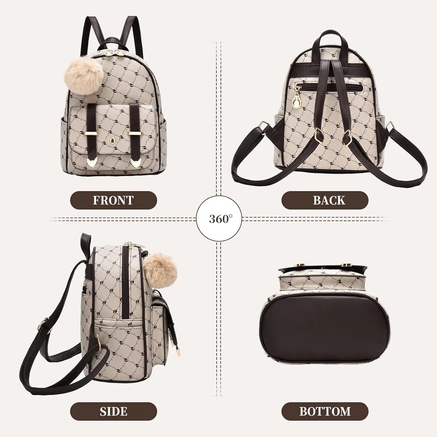 I IHAYNER Girls Fashion Backpack Mini Backpack Purse for Women Teenage Girls Purses PU Leather Pompom Backpack Shoulder Bag