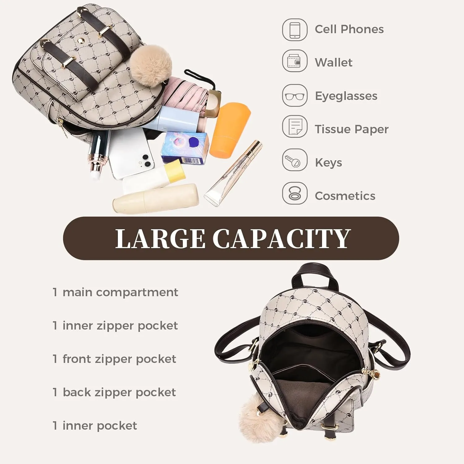 I IHAYNER Girls Fashion Backpack Mini Backpack Purse for Women Teenage Girls Purses PU Leather Pompom Backpack Shoulder Bag