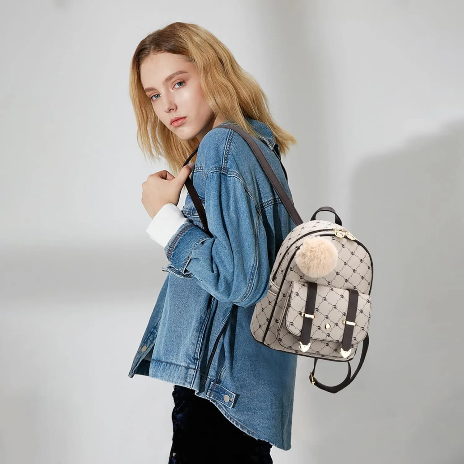 I IHAYNER Girls Fashion Backpack Mini Backpack Purse for Women Teenage Girls Purses PU Leather Pompom Backpack Shoulder Bag
