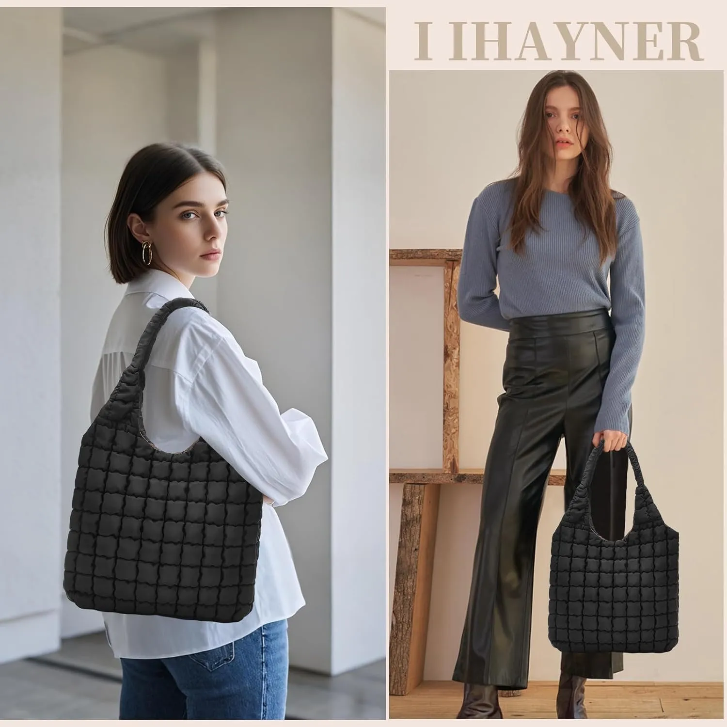 I IHAYNER Quilted Puffer Hobo Bag for Women Large Soft Puffy Shoulder Bag Quilted Carryall Tote Bag Hobo Handbags for Travel