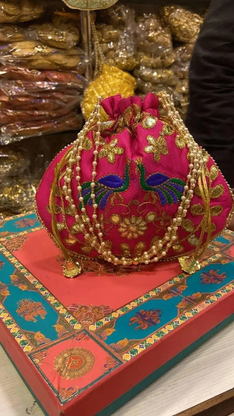 India Gift Hub Indian Handmade Women's Velvet Embroidered Drawstring Jewelry Pouch Bag | Indian Potli, Pack of 10