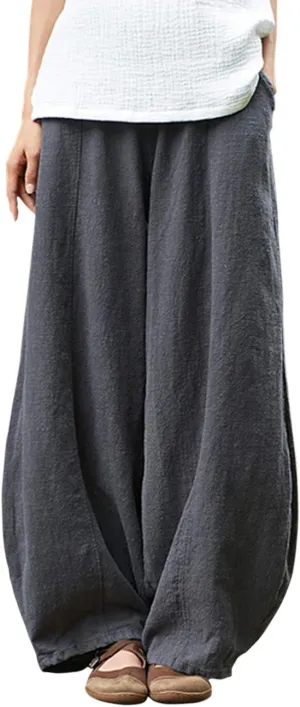 IXIMO Women's Casual Cotton Linen Baggy Pants with Elastic Waist Relax Fit Lantern Trouser