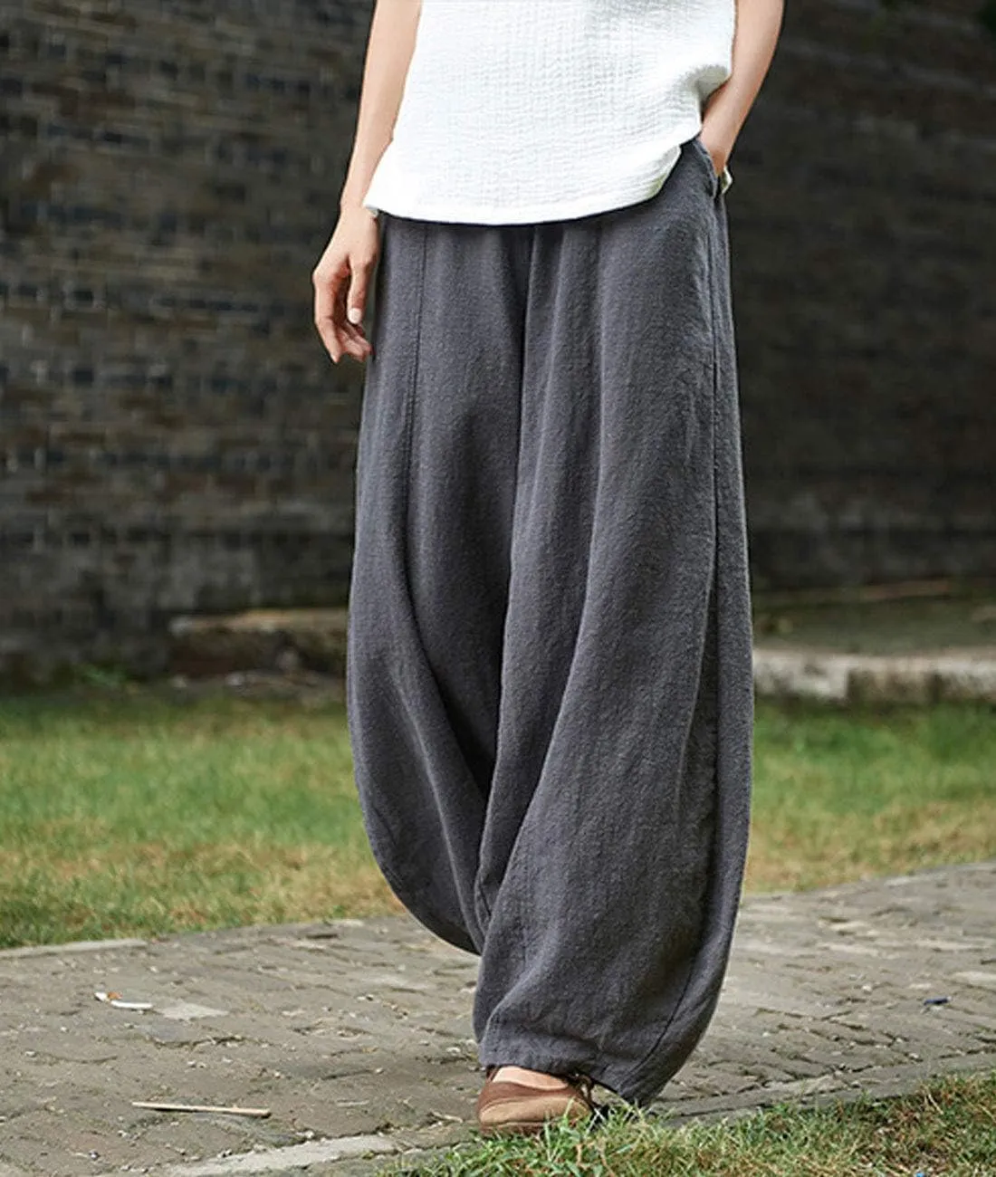 IXIMO Women's Casual Cotton Linen Baggy Pants with Elastic Waist Relax Fit Lantern Trouser