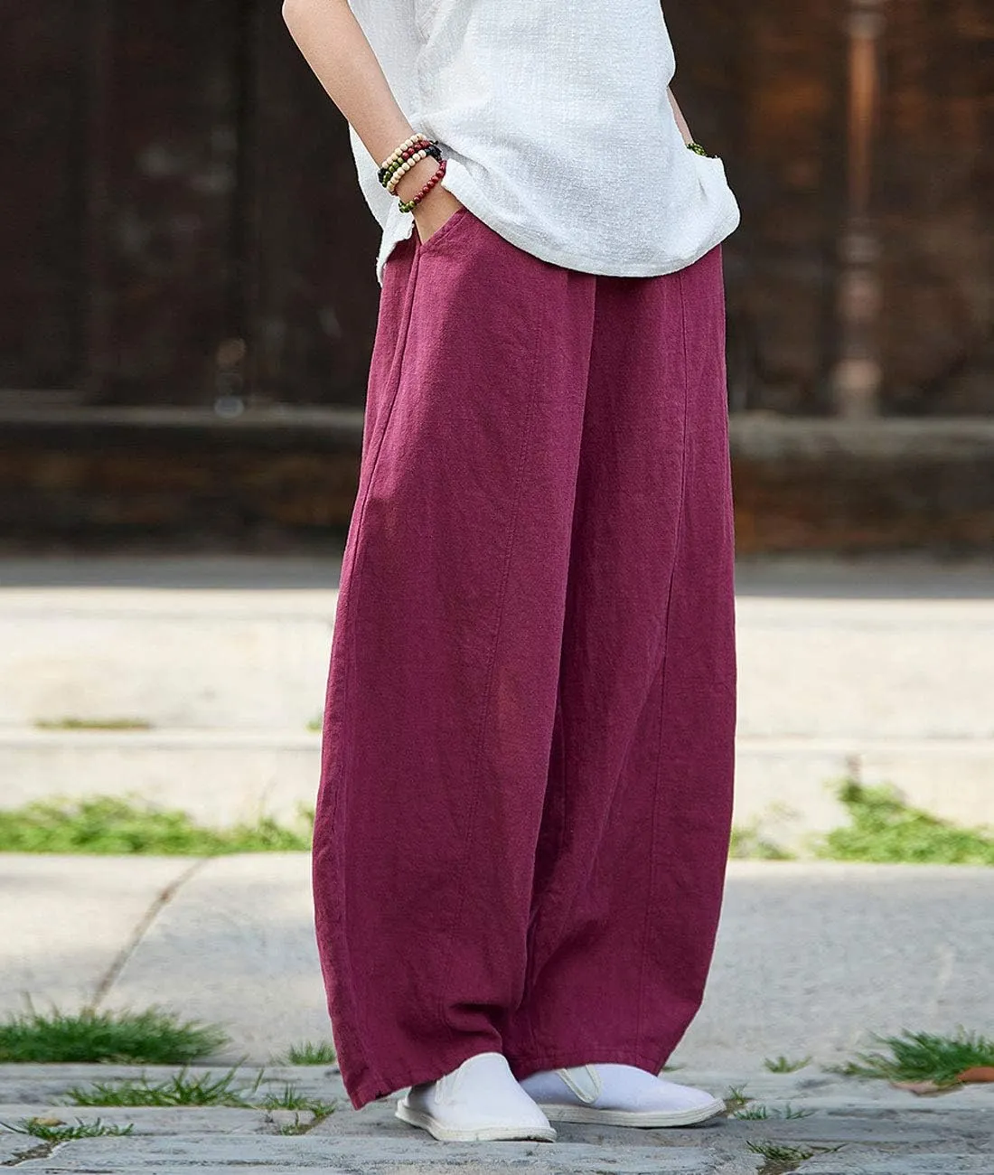 IXIMO Women's Casual Cotton Linen Baggy Pants with Elastic Waist Relax Fit Lantern Trouser