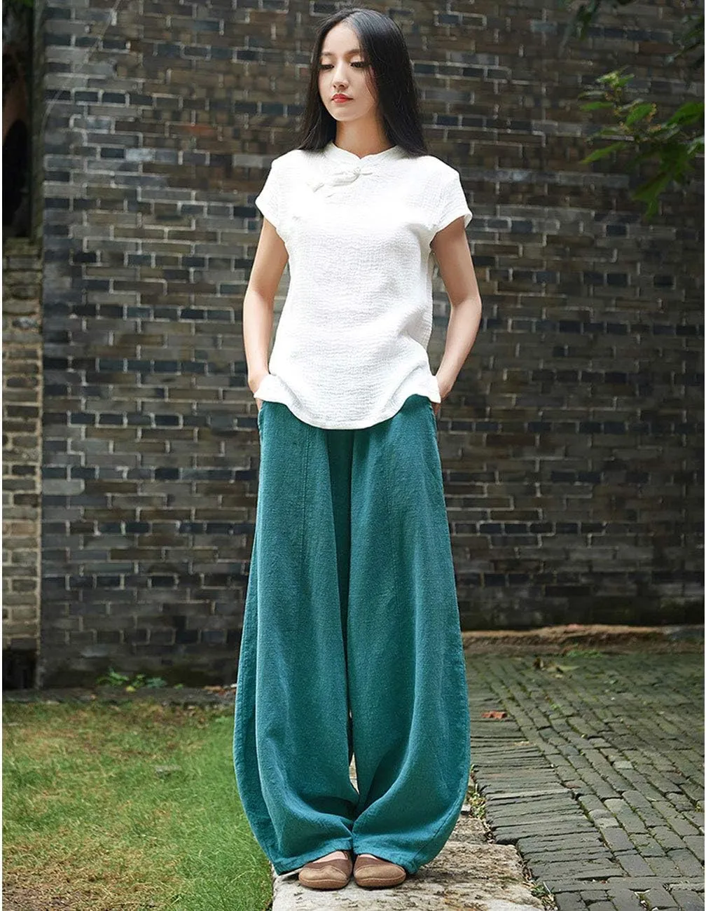 IXIMO Women's Casual Cotton Linen Baggy Pants with Elastic Waist Relax Fit Lantern Trouser