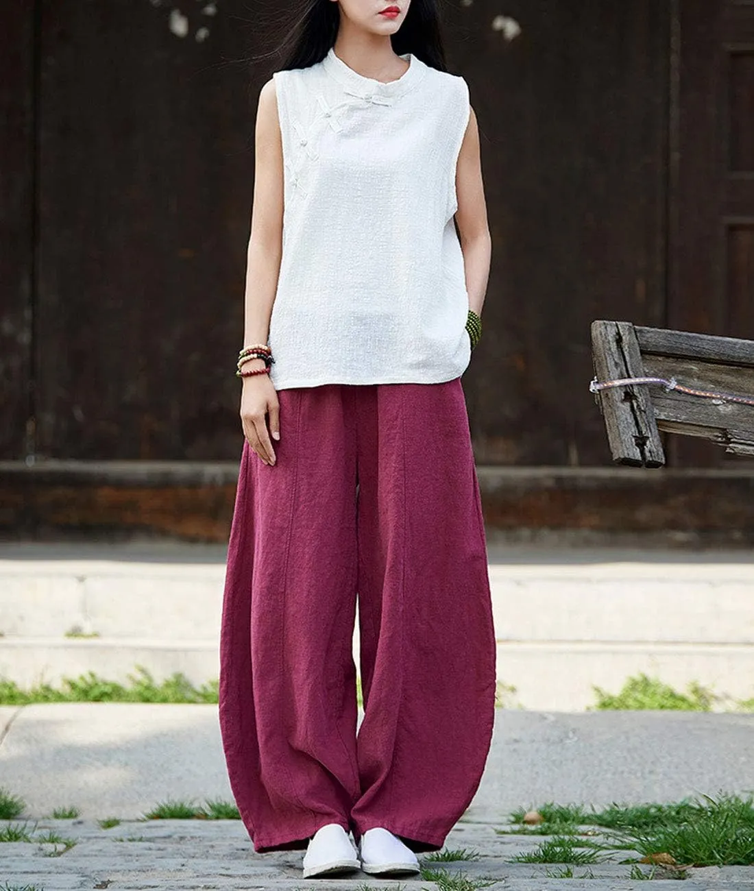 IXIMO Women's Casual Cotton Linen Baggy Pants with Elastic Waist Relax Fit Lantern Trouser