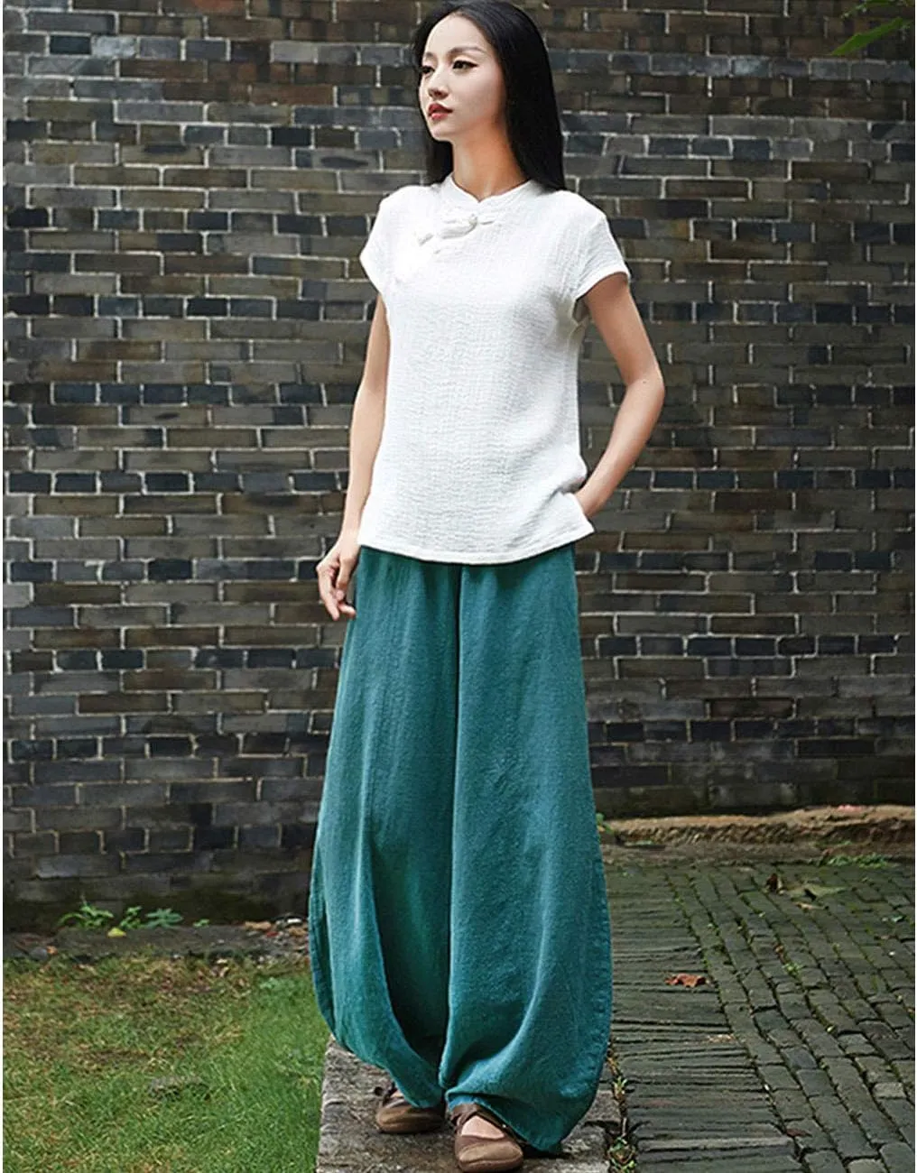 IXIMO Women's Casual Cotton Linen Baggy Pants with Elastic Waist Relax Fit Lantern Trouser