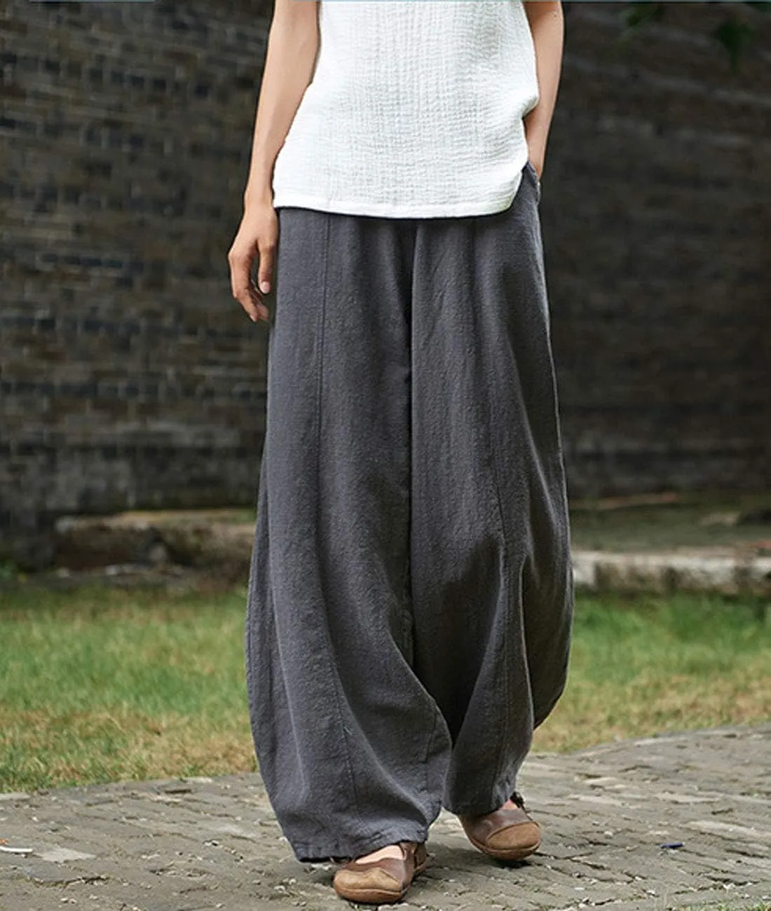 IXIMO Women's Casual Cotton Linen Baggy Pants with Elastic Waist Relax Fit Lantern Trouser