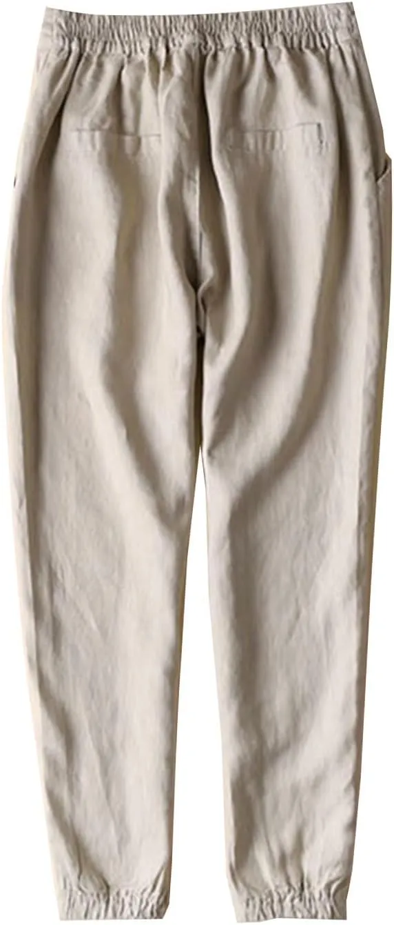 IXIMO Women's Tapered Pants 100% Linen Drawstring Back Elastic Waist Ankle Length Pants