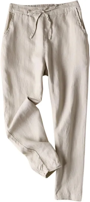 IXIMO Women's Tapered Pants 100% Linen Drawstring Back Elastic Waist Ankle Length Pants