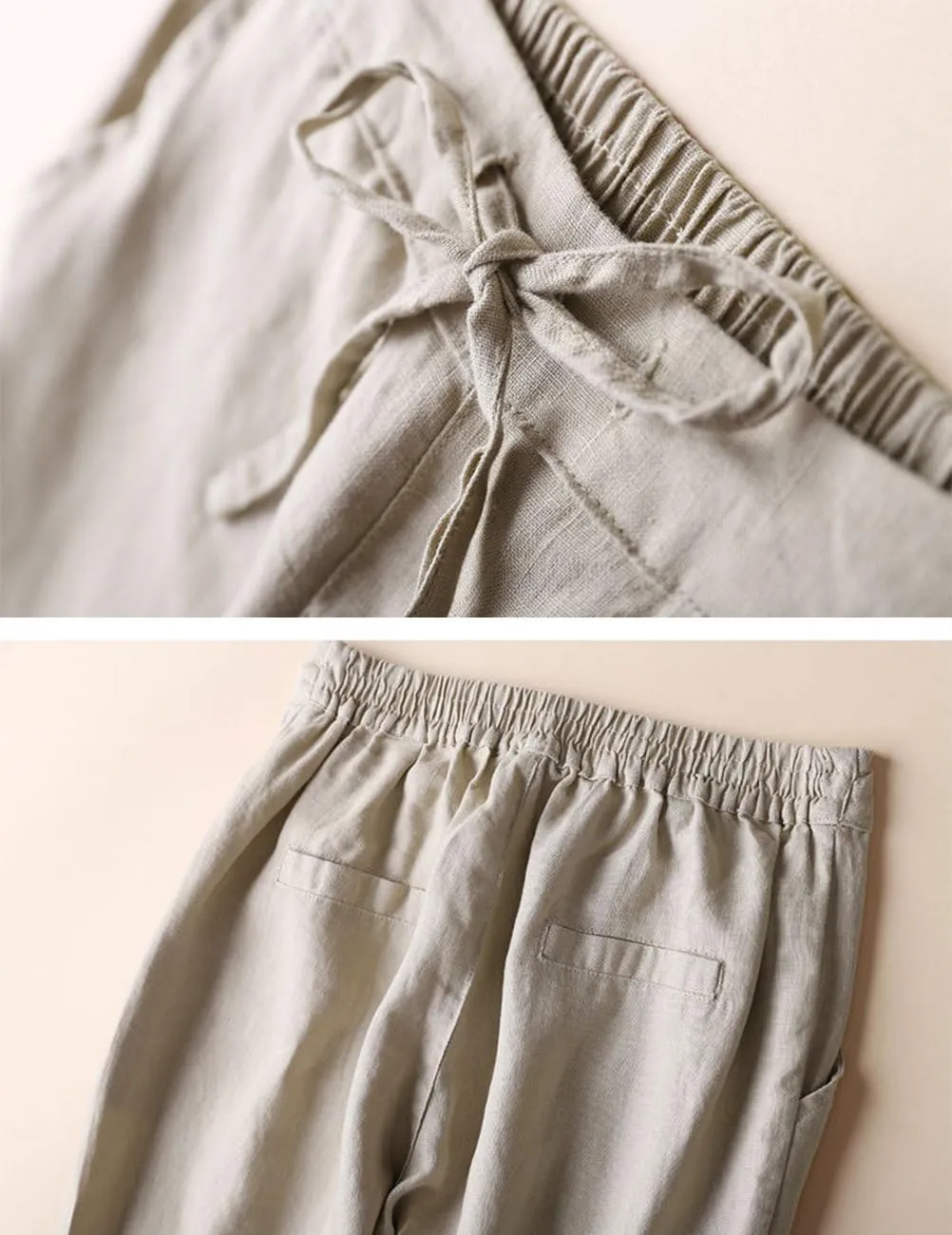 IXIMO Women's Tapered Pants 100% Linen Drawstring Back Elastic Waist Ankle Length Pants