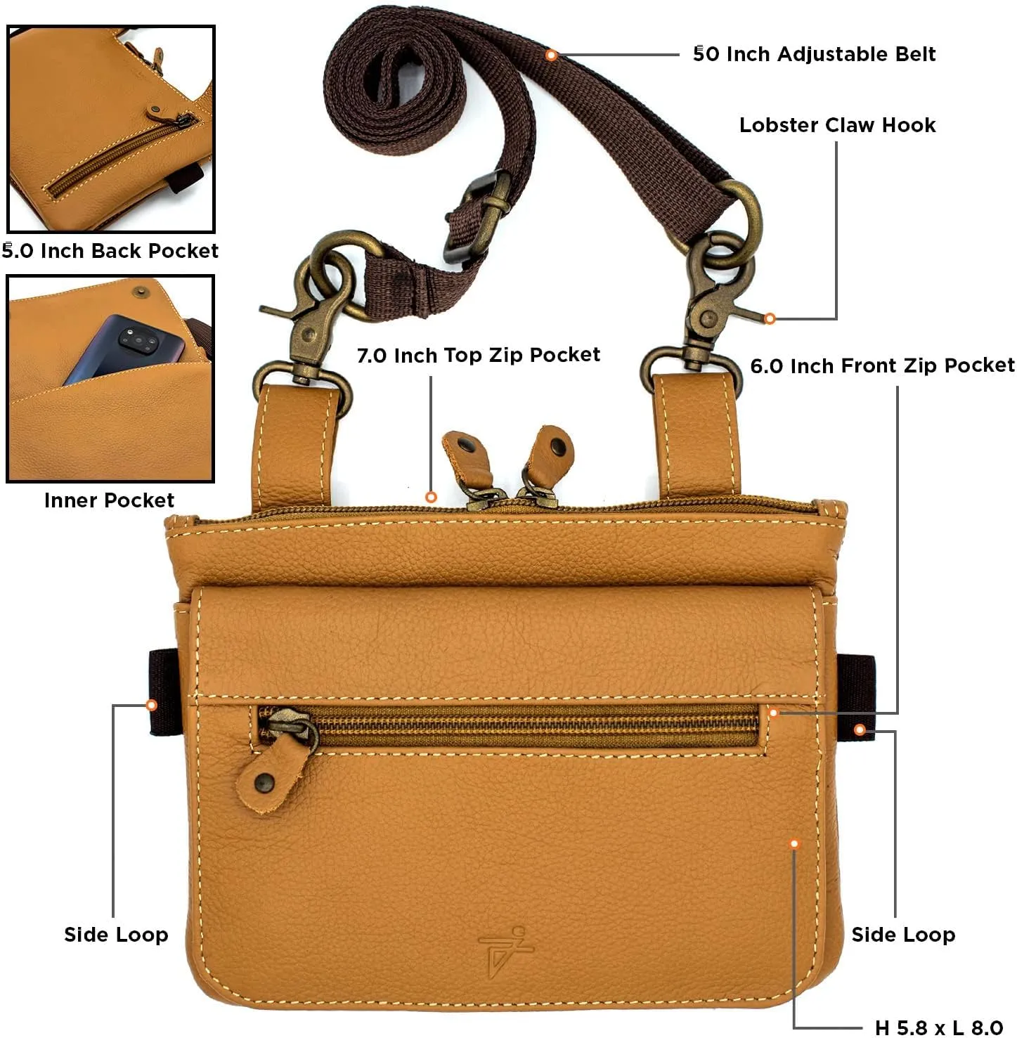 J T C JUZAR TAPAL COLLECTION Leather Waist Bags, Leather Hip waist Belt Bag For Women, Leather Crossbody Bags For Women Clipon Leather Fanny Pack For Women (J152LB-TAN), Medium
