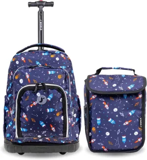 J World Lollipop Kids Rolling Backpack & Lunch Bag Set for Elementary School. Carry-On Suitcase with Wheels, Spaceship