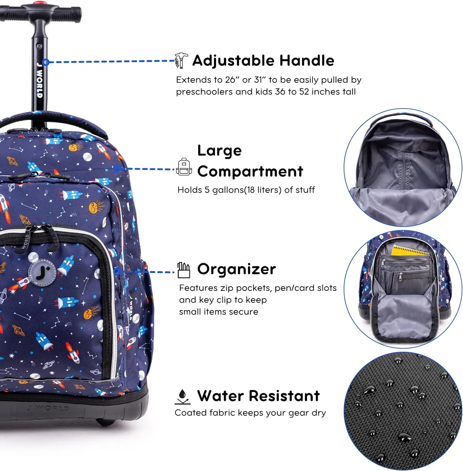 J World Lollipop Kids Rolling Backpack & Lunch Bag Set for Elementary School. Carry-On Suitcase with Wheels, Spaceship