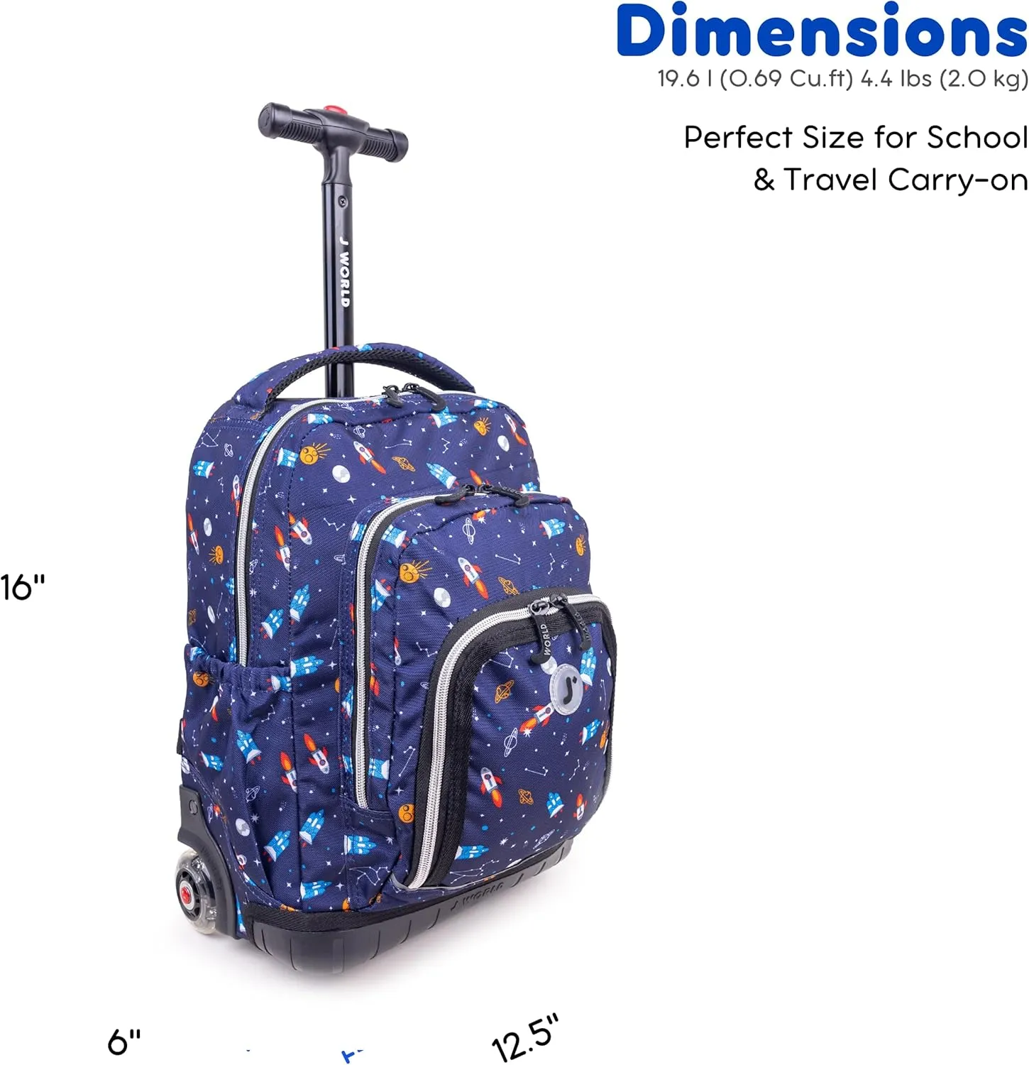 J World Lollipop Kids Rolling Backpack & Lunch Bag Set for Elementary School. Carry-On Suitcase with Wheels, Spaceship
