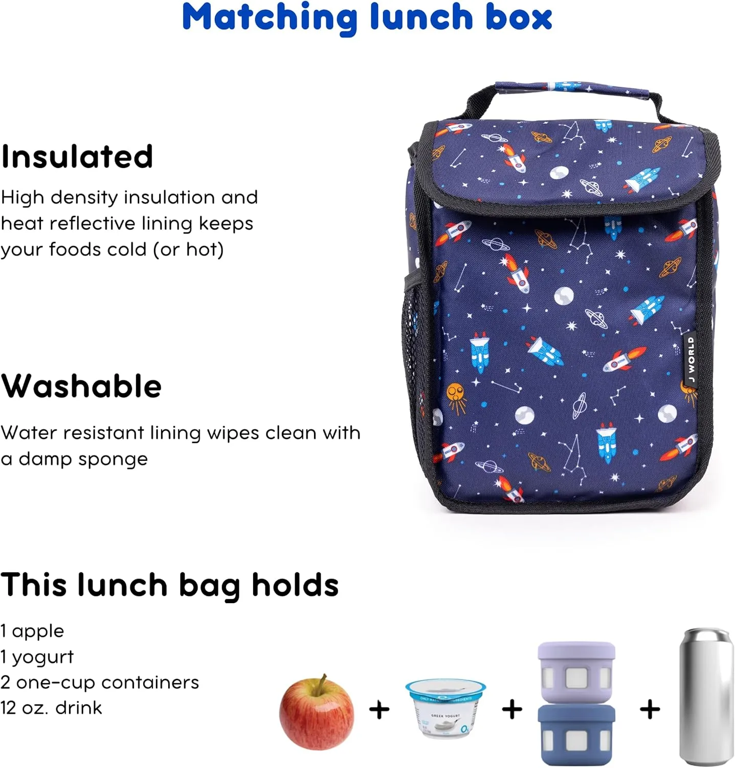 J World Lollipop Kids Rolling Backpack & Lunch Bag Set for Elementary School. Carry-On Suitcase with Wheels, Spaceship