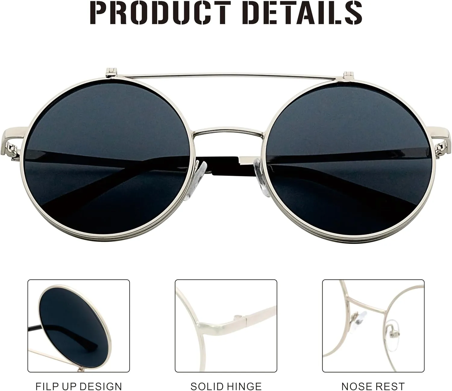 J&L Glasses Retro Flip-Up Round Goggles Steampunk Sunglasses