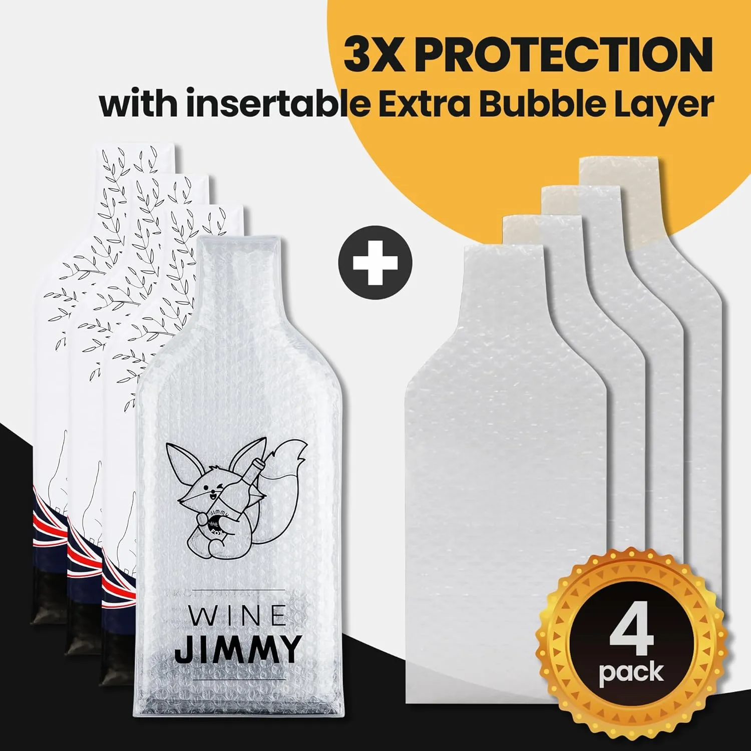 JIMMY THE FOX Reusable Wine Bags for Travel | 4-Pack | Durable Triple-Layer Bottle Protector Sleeve | Leak-Proof & Impact-Resistant | Airplane & Cruise Luggage | Wine Lover Gifts - Bottle Australia