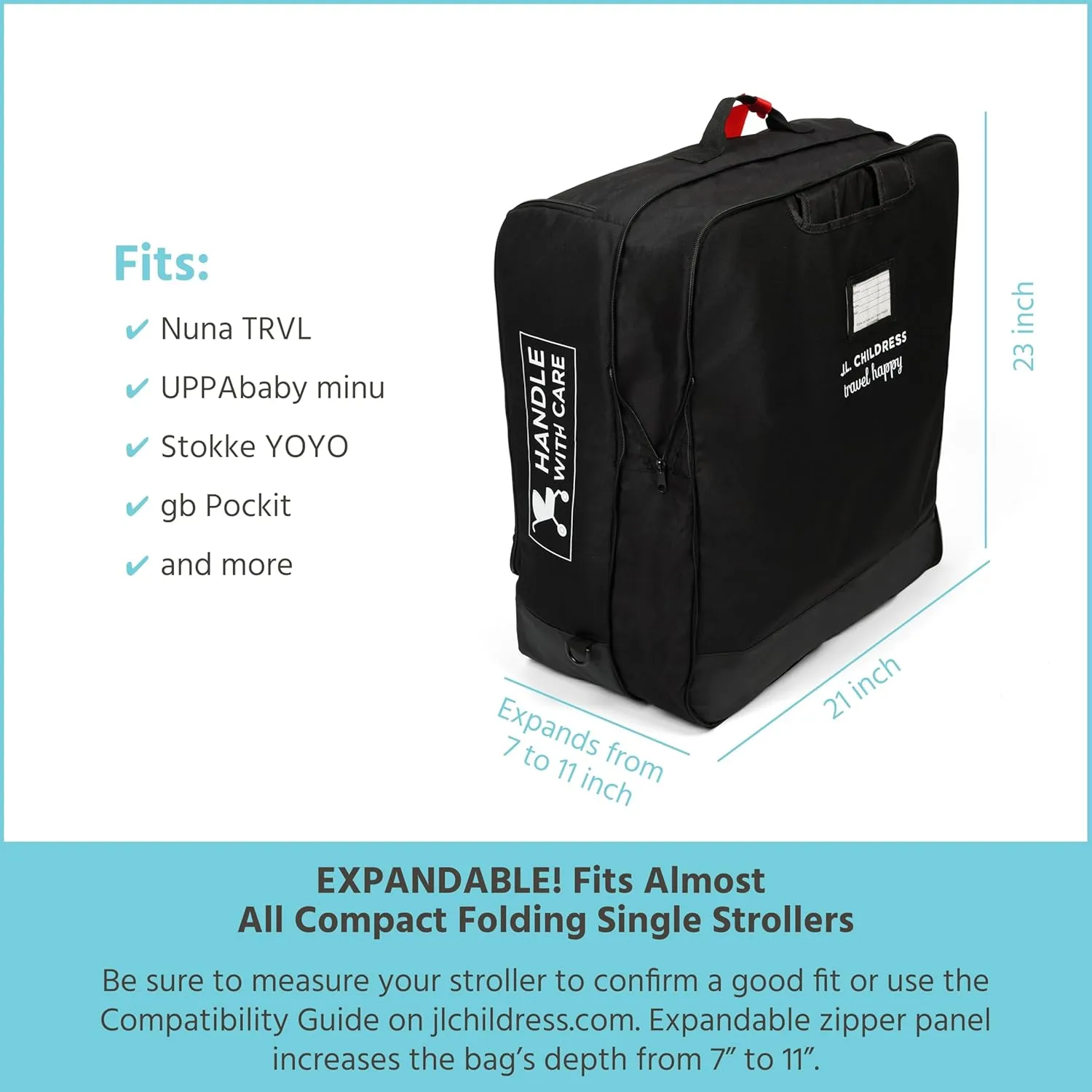J.L. Childress Compact Stroller Travel Bag - Fits UppaBaby MINU, gb Pockit, Babyzen YoYo, Nuna TRVL and more - Expandable, Backpack Straps, AirTag Holder - Airplane Bag for Travel Strollers