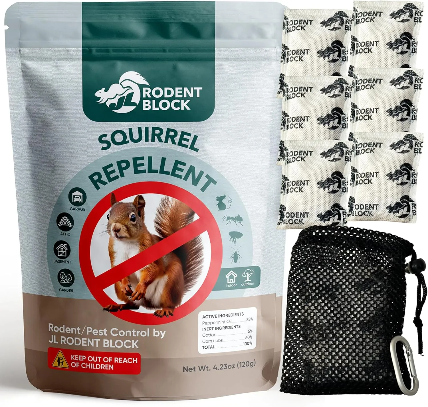 JL Rodent Block Squirrel Repellent Pouch 6-Pack - Powerful Against Mice, Racoons, Chipmunks, Snakes, Mosquitos, Ants. All Natural Ingredients, Refillable Mesh Bag & Carabiner for Hanging